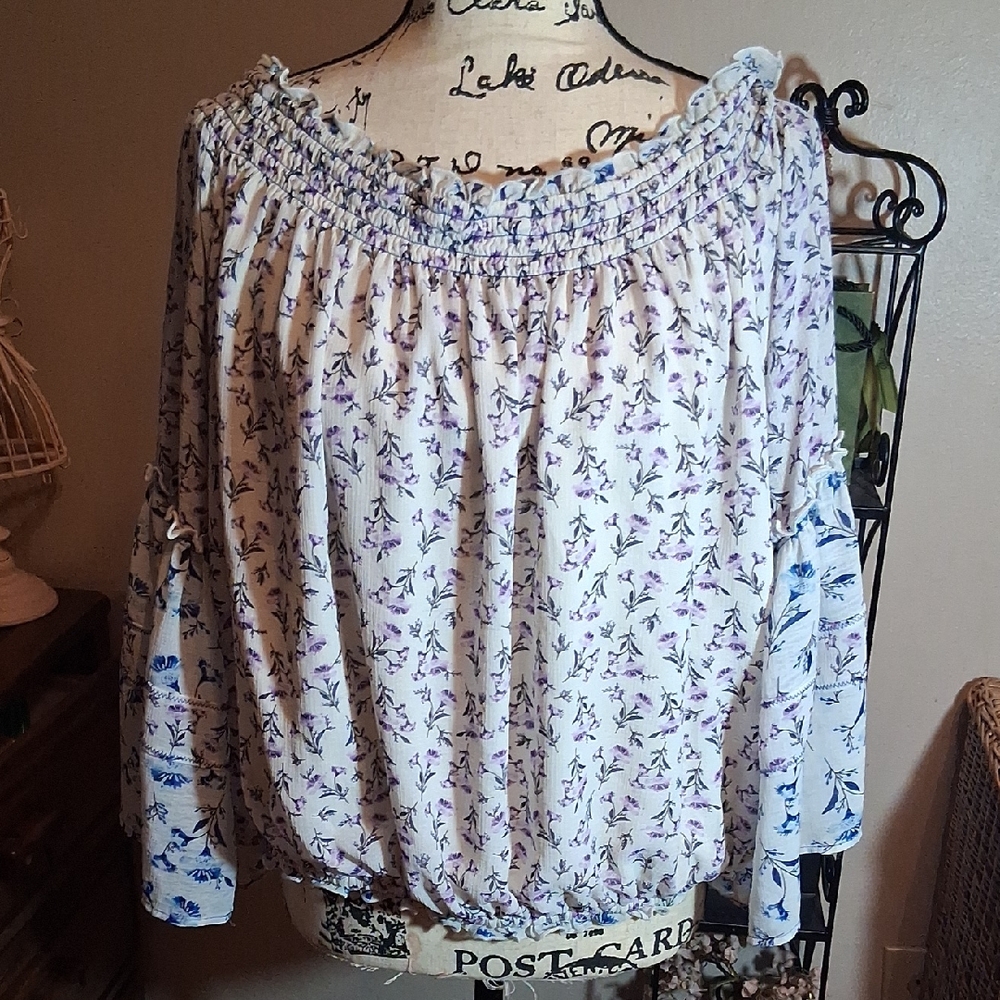 FREE PEOPLE Floral Purple & White Boho Off-Shoulder Bell Sleeve Top SIZE XL